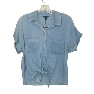 Sim & Sam Button Front Shirt Bottom Tie Large Light Blue New Casual Short Sleeve